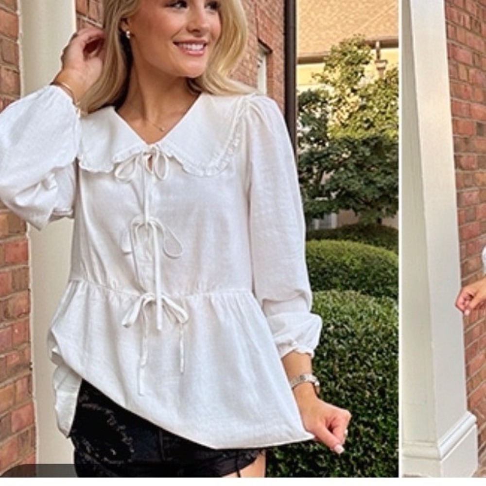 ZESICA Tie Peplum Blouse Sz S‎ White  Boho Peter Pan Collar Pirate Fairy Prairie